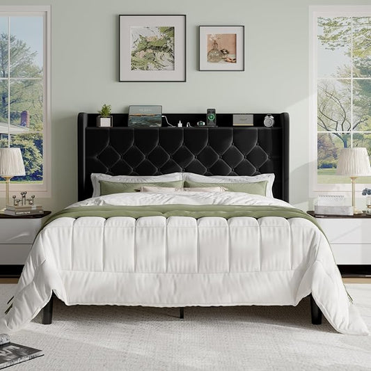 SHA CERLIN Queen Size Platform Bed Frame with Charging Station, Velvet Wingback Headboard with Storage Shelf, Wooden Slats Support, Ample Under-Bed Space, No Box Spring Needed, Easy Assembly, Black