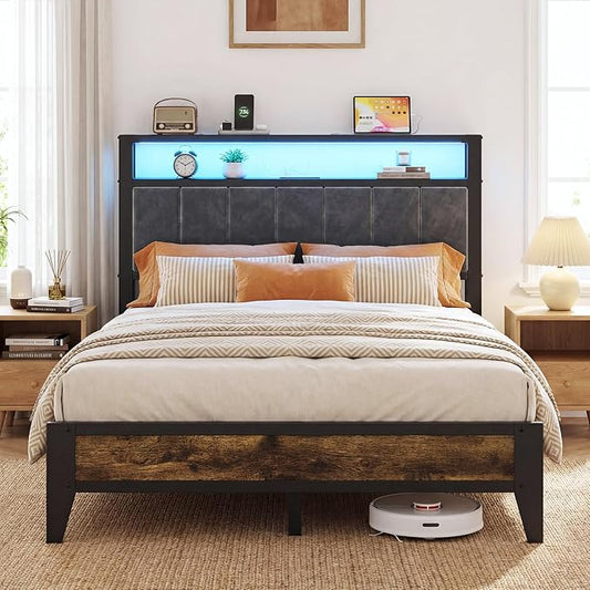 OLEVS Full Bed Frame with Headboard, Metal Platform Bed Full Size with 2-Tier Storage, LED Light & Charging Station Type C, No Box Spring Needed