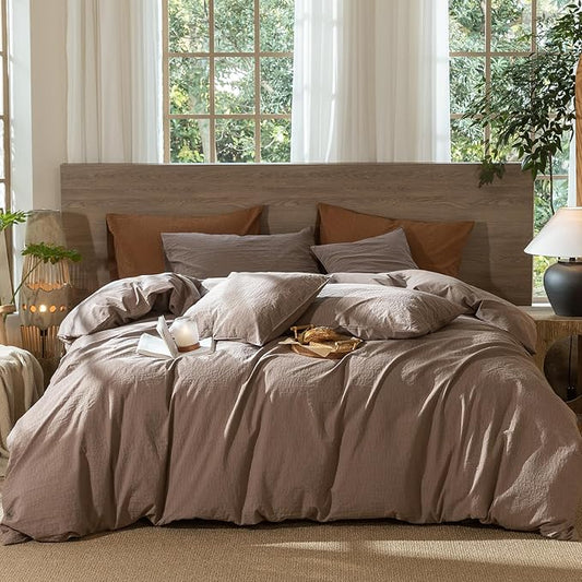MooMee Wavy Striped Duvet Cover Set 100% Washed Cotton Linen Like Textured Breathable Durable Soft Comfy (Brown, Alaska King 132"x120")