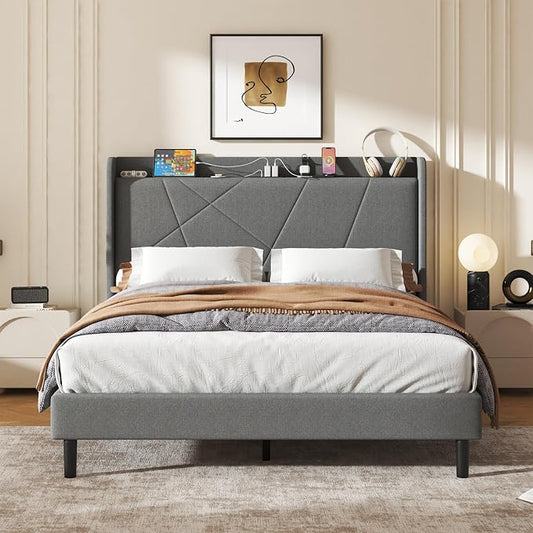Queen Size Linen Bed Frame, Storage Headboard with Charging Station, Upholstered Platform Bed with Wooden Slats Support, Solid and Stable, Noise Free, No Box Spring Needed, Easy Assembly, Gray