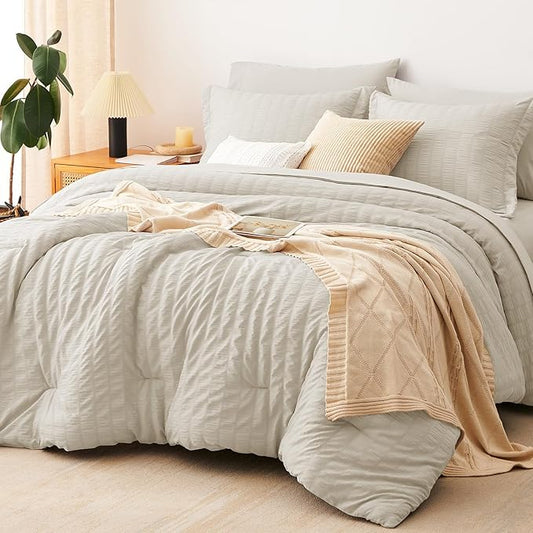 CozyLux King Size Comforter Set Oatmeal Seersucker 7 Pieces Bed in a Bag King Comforter Set with Sheets, Luxury Bedding Sets with Down Alternative Comforter, Sheets, Pillowcases & Shams All Seasons
