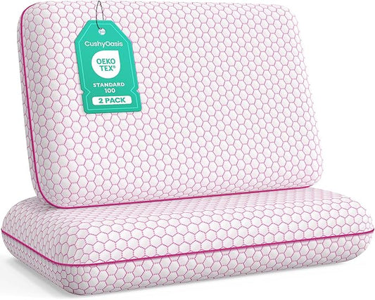 CushyOasis Memory Foam Pillows for Side, Back and Stomach Sleepers, Set of 2, Bed Pillow with Washable Cover and Breathable Mesh, Bed Pillow for Sleeping (Pink，Standard Size)
