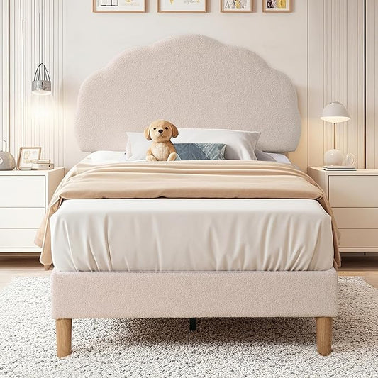 VECELO Twin Size Bed Frame, Upholstered Platform Bedframe with Height Adjustable Plush Fabric Headboard, No Box Spring Needed, Beige
