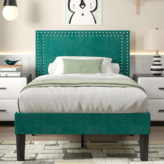 VECELO Twin Size Platform Bed Frame with Height Adjustable Upholstered Headboard, Modern Mattress Foundation,Strong Wood Slat Support, No Box Spring Needed, Easy Assembly, Dark Green