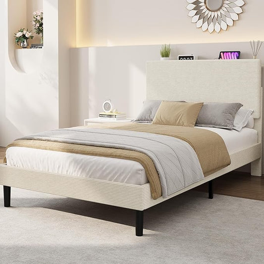 IDEALHOUSE Twin Size Bed Frame, Platform Bed with Adjustable Corduroy Upholstered Storage Headboard and Charging Station, Sturdy Metal Support, Noise Free, Easy Assembly, Beige