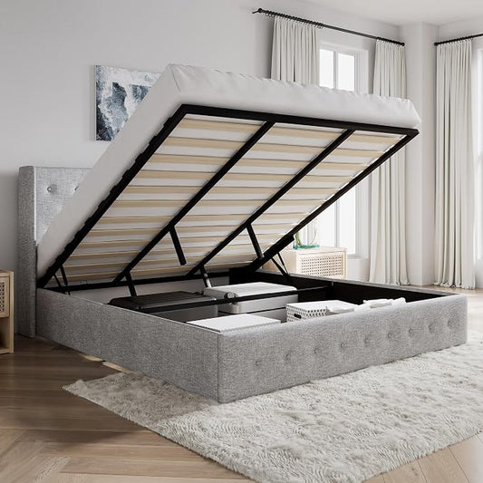 SHA CERLIN King Size Lift Up Storage Bed Frame,Button Tufted Wingback Headboard,Upholstered Platform,Hydraulic Storage,Wooden Slat Support,No Box Spring,Light Grey