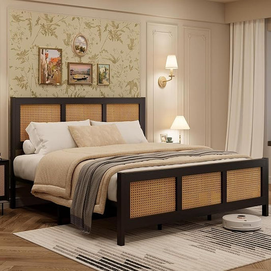 IDEALHOUSE Rattan Bed Frame with Headboard, Boho King Size Bed Frame with Strong Metal Slats Support, No Box Spring Needed, Noise-Free Design, Black