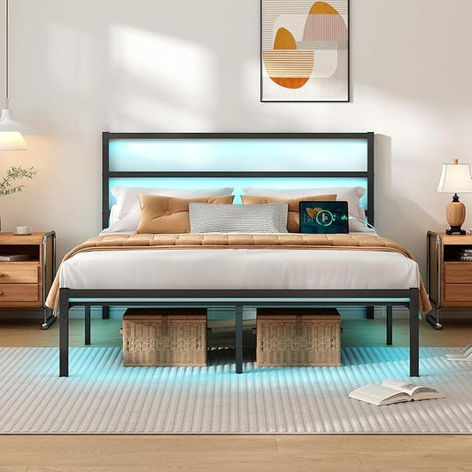 CLIBFENG Queen Bed Frame with Headboard,Heavy Duty Steel Slats Support-LED Bed Frame with USB Charging Station,Mattress Foundation-Under Bed Storage,No Box Spring Needed,Noise Free，Black