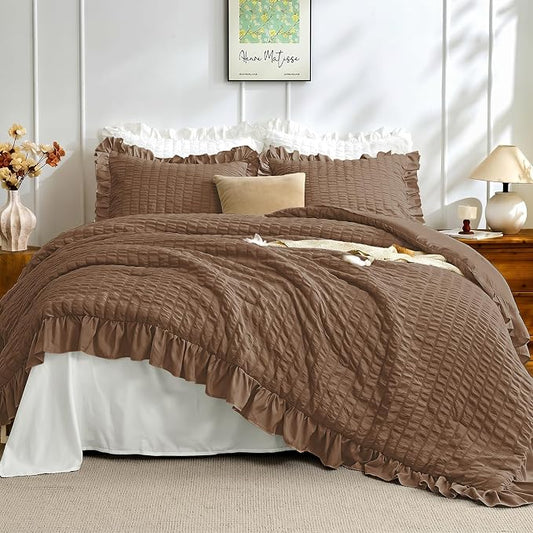 JOLLYVOGUE Twin Size Comforter Set, 2 Pieces Oak Brown Seersucker Lightweight Fluffy Bedding Set, Twin Ruffle Comforter, All Season Soft Microfiber Shabby Chic Bed Set