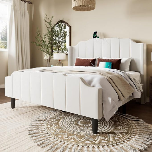 Allewie Vintage Queen Size Velvet Platform Bed Frame with Curved Vertical Tufted Wingback Headboard and Footboard, Charging Station, Easy Assembly, Under Bed Storage, No Box Spring Required, White