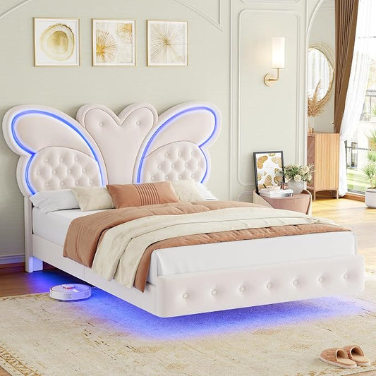 Keyluv Full Bed Frame Butterfly-Pattern Upholstered Headboard, Modern Floating Bed with LED Lights Button Tufted on Headboard and Footboard, Slats Support No Box Spring Needed, Noise-Free, Beige