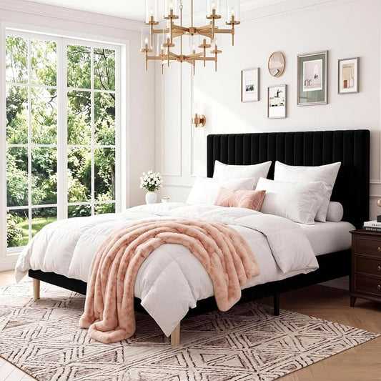 GAOMON Full Bed Frame with Adjustable Headboard, Velvet Upholstered Platform Full Size Bed Frame, Wooden Slats Support, No Box Spring Needed, Easy Assembly, Black