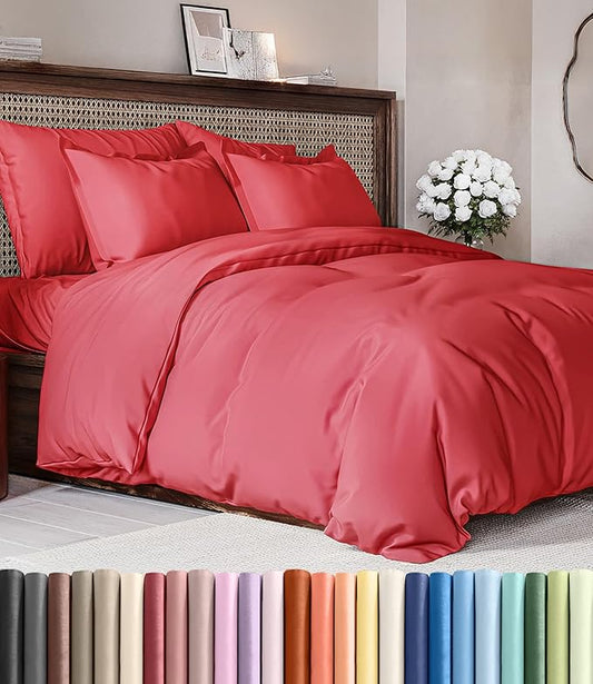 Duvet Cover Full Size Set - Extra Soft Full Duvet Cover 80" x 90" with 2 Pillow Shams - Hotel Luxury, Easy Care & Fade Free with Zipper Closures and Ties - All Season, Comfy, Cozy & Breathable (Red)