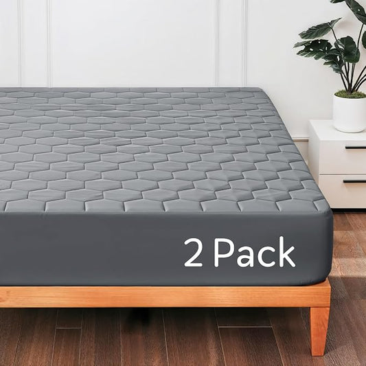 Hearth & Harbor 2 Pack Twin Size Quilted Fitted Mattress Pad Cover, 100% Waterproof Mattress Protectors, Deep Pocket Fitted Mattress Cover 8" - 21" (39" x 75", Gray)