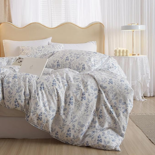 mixinni Garden Style Blue Flowers Leaves Duvet Cover King Size Soft Cotton Floral Printed Bedding Comforter Cover Set for Him and Her-(3pcs, King Size)