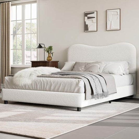 GarveeHome Boucle Queen Bed Frame with Upholstered Headboard, Soft Low Profile Sturdy Platform Bed with Rounded Corners Design, Heavy Duty, Wooden Slats, Noise Free, No Box Spring Needed, White