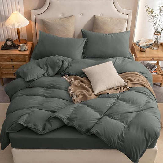 PURE ERA Jersey Knit Duvet Cover Set 100% T-Shirt Cotton Super Soft Comfy 3pc Bedding Set with Zipper Closure (Solid Dark Greenish Gray, Cal King)