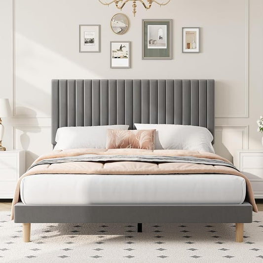 IDEALHOUSE King Bed Frame with Adjustable Headboard, Velvet Upholstered Platform King Size Bed Frame, Vertical Channel Tufted, Strong Wooden Slats, No Box Spring Needed, Easy Assembly, Grey