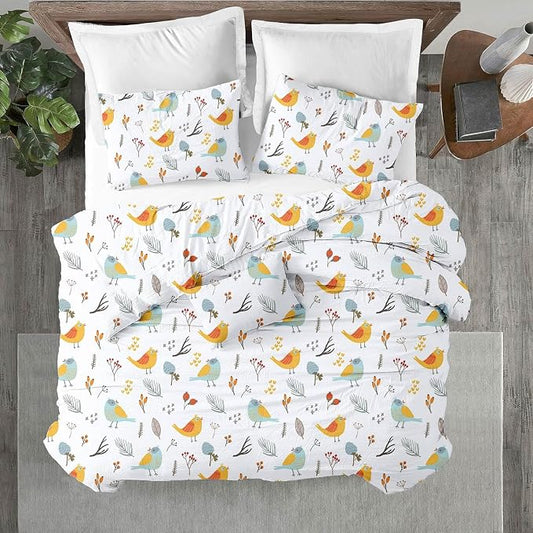 Kotton Culture 3 Pc King Size Duvet Cover Set- 100% Egyptian Cotton Sateen 600 Thread Count Ultra Soft Premium Durable Comforter Cover Zipper Closure & Corner Ties (Forest Birds, King 102"x94")