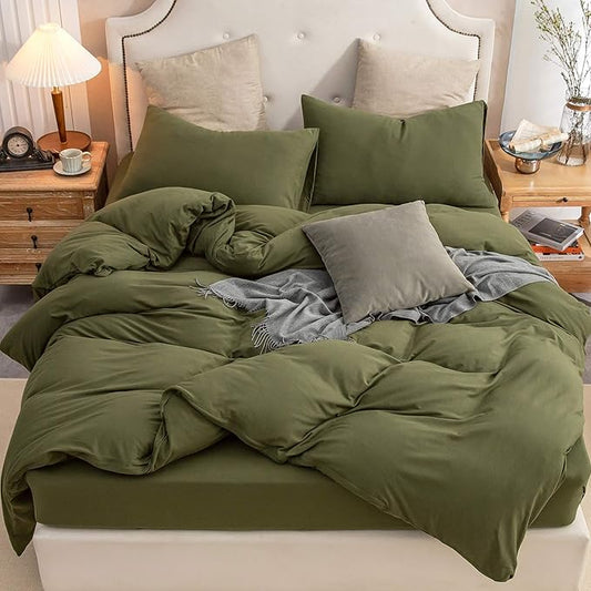 PURE ERA Jersey Knit Duvet Cover Set 100% T-Shirt Cotton Super Soft Comfy 3pc Bedding Set with Zipper Closure (Solid Olive Green, Full)