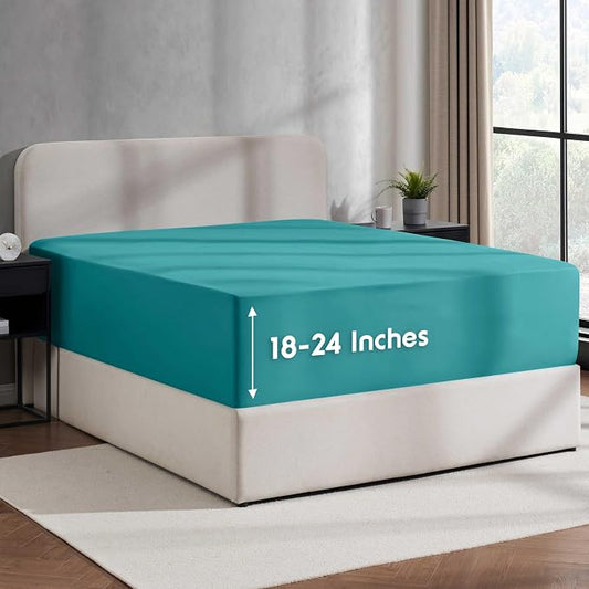Nestl Teal Extra Deep Pocket Twin Fitted Sheet Kids, Luxury Twin Size Fitted Sheet Only Easily Fits 18 to 24 Inch Mattress, Super Soft, Wrinkle-Free, and Breathable Bed Sheets with Corner Straps