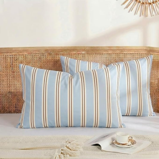 Merryword Standard Size Pillowcases, 100% Cotton Pillow Cases, Light Blue Striped Pillowcases, Soft Breathable Ribbon Stripe Pillow Covers, Set of 2