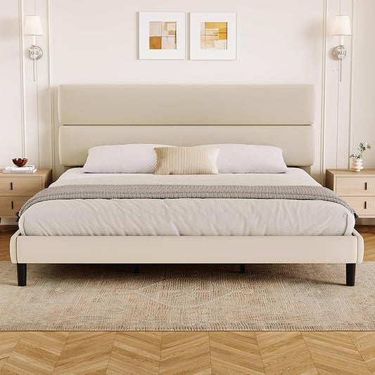 GRUSIGN King Size Platform Bed Frame with Velvet Headboard, Adjustable Height Wooden Slats Support, Upholstered Mattress Foundation, Fits Mattress or Mattress with Box Spring, Easy Assembly, Beige
