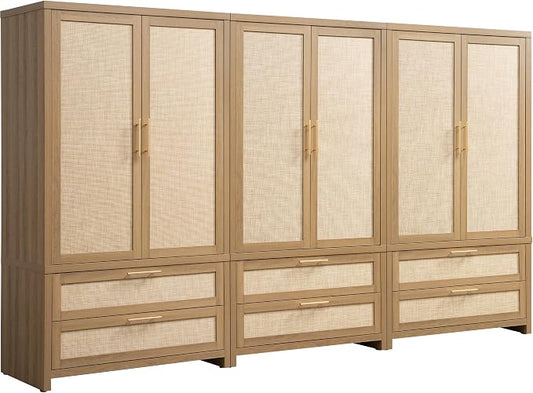 SICOTAS Armoire Wardrobe Closet, Larger Rattan Armoires Wardrobe Cabinet with 2 Larger Drawers and Hanging Rod, Tall Closet Storage Cabinet for Cloak Room, Laundry Room, Bedroom, Oak (3 Pieces)