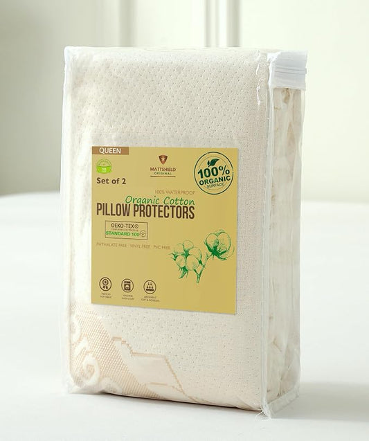 2-Pack Deluxe Waterproof Organic Cotton Pillow Protectors Queen Size - Certified Organic, Zippered Encasement, Ultra-Soft Knit Fabric, Thick 280 GSM Cotton
