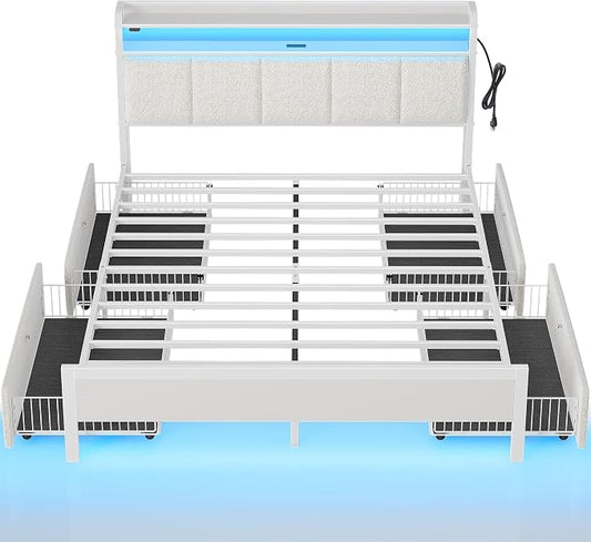Rolanstar Bed Frame Queen Size with Charging Station and LED Lights, Upholstered Storage Headboard with Drawers, Heavy Duty Metal Slats, No Box Spring Needed, Noise Free, Easy Assembly, White