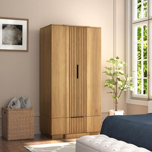 Brafab 67" Fluted Armoire Wardrobe Closet with Drawers and Doors, Wooden Wardrobe Cabinet with Adjustable Shelves, Modern Storage for Clothes, Coats for Bedroom,Natural Wood (1 pcs)