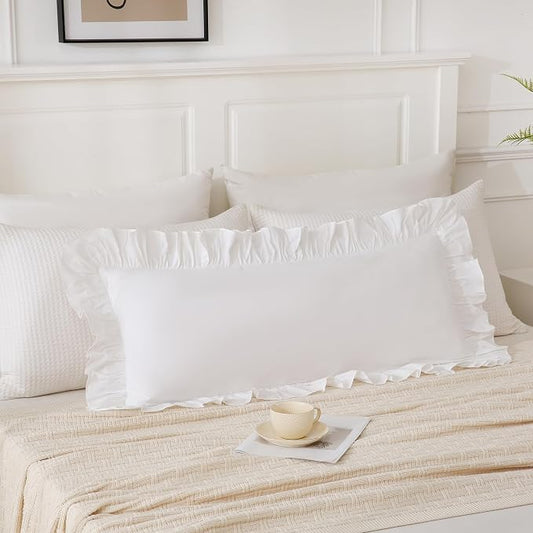 14x36 inches Off White Ruffled Lumbar Pillow Cover 1 Piece, Pure Washed Cotton Soft Decor Pillowcase Farmhouse Vintage Cushion Cover for Bed Livingroom