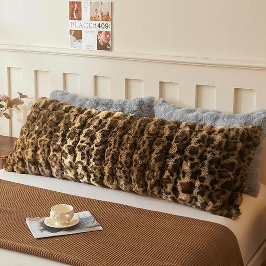 LIFEREVO Leopard Print Faux Rabbit Fur Body Pillow Cover 20 x 54, Cheetah Print Waffle Bubble Bed Pillowcase with Zipper, Long Fuzzy Furry Farmhouse Pillow Case for Pregnant Women Side Sleeper, Brown