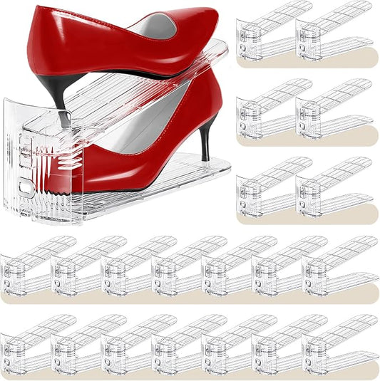 Shoe Slots Organizer 20 Pack - Shoe Stackers, 3 Levels Adjustable, Space Savers 50%, Double Layer Holders for Closet (Transparent), Organizador de Zapatos