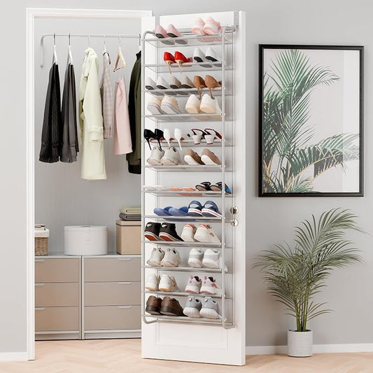 Whitmor 36 Pair Over The Door Shoe Organizer, 12 Tier Hanging Shoe Organizer, Heavy Duty Metal & Mesh Shoe Holder, Hanging Shoe Rack for Closet Organizer & Storage, 74"L x 21.7"W x 7.5"H, Grey