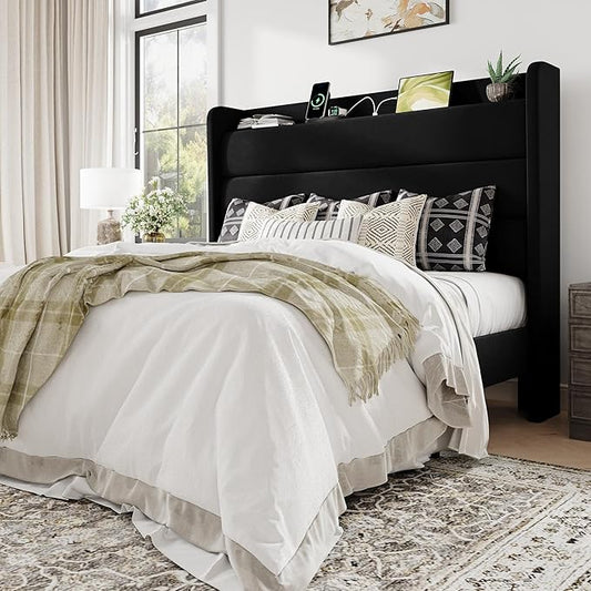 Allewie Queen Size Upholstered Bed Frame with Charging Station & Storage Headboard, Soft Velvet Wingback Platform Bed, Strong Wooden Slats Support, No Box Spring Needed, Easy Assembly, Black