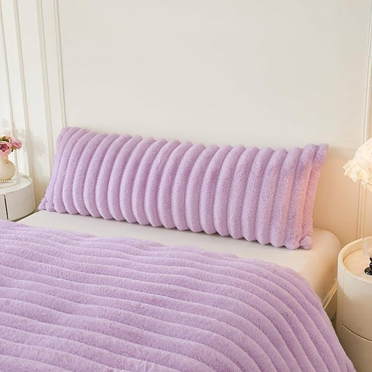 MEGO Fluffy Faux Rabbit Fur Body Pillow Cover, Comfy Plush Fuzzy Striped 20x54 Bedoom Body Pillowcase Light Purple, Shaggy Ribbed Long Bed Pillow Case with Zipper for Kids Girls Teens Adults, Lavender