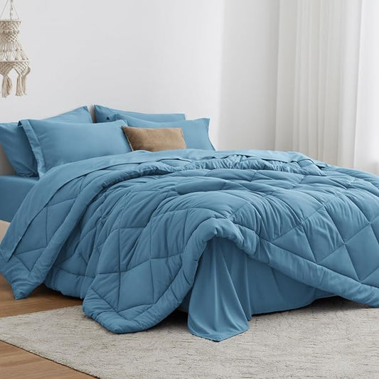 Love's cabin King Size Comforter Set Misty Blue, 7 Pieces King Bed in a Bag, All Season Bedding Sets with 1 Comforter, 1 Flat Sheet, 1 Fitted Sheet, 2 Pillowcase and 2 Pillow Sham | Soft, Breathable, Lightweight, Comfortable