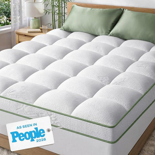Extra-Thick 2 Inch Queen Size Mattress Topper - Ultra Plush & Soft Viscose Derived from Bamboo Mattress Pad, Naturally Cooling & Perfect for Full Body Support, Snow White
