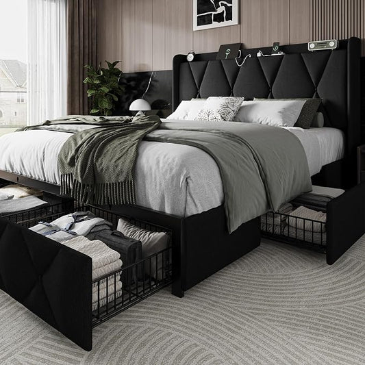 Einhomn Full Size Bed Frame with 4 Storage Drawers and Charging Station, Upholstered Platform Bed Frame with Storage Headboard, No Box Spring Needed, Easy Assembly, Black