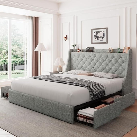 Feonase King Size Bed Frame with 4 Storage Drawers, Storage Bed with Charging Station, Tufted Wingback Headboard, No Box Spring Needed, Light Grey