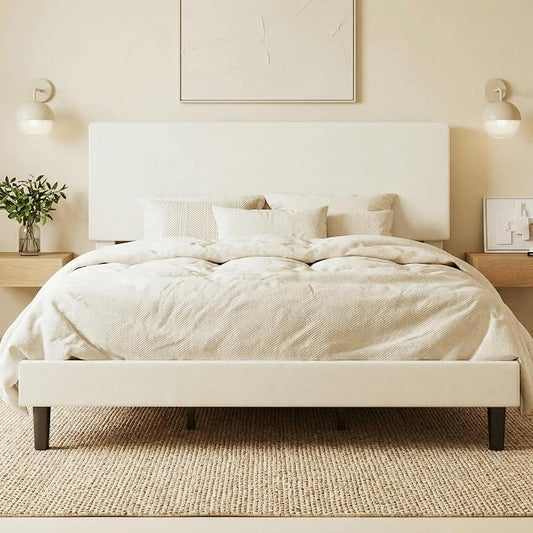 SHA CERLIN King Size Platform Bed Frame with Adjustable Headboard and Wooden Slats Support, Velvet Upholstered Mattress Foundation, No Box Spring Needed, Easy Assembly, Soft Cream