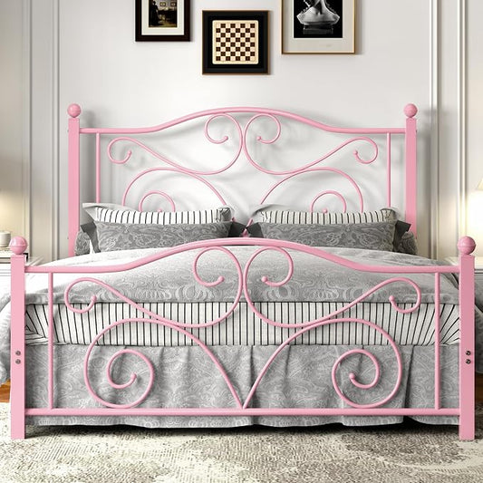 VECELO Full Size Bed Frame with Headboard and Footboard, Heavy Duty Metal Slat Support, Platform Mattress Foundation, No Box Spring Needed, Easy Assembly, Light&Pink