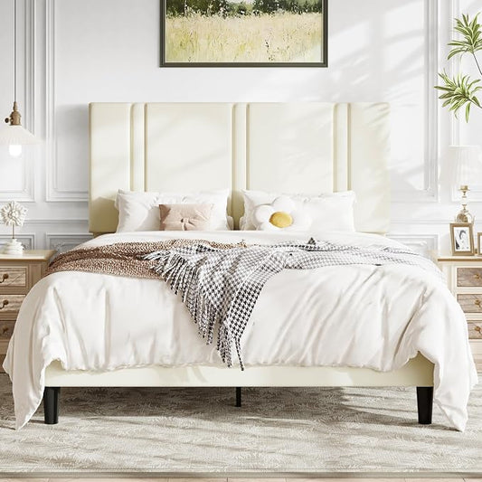 Allewie Full Size Platform Bed Frame with Adjustable Headboard, Plush Velvet Upholstered, Vertical Channel Tufted, Sturdy Wooden Slats, No Box Spring Needed, Easy Assembly, Cream