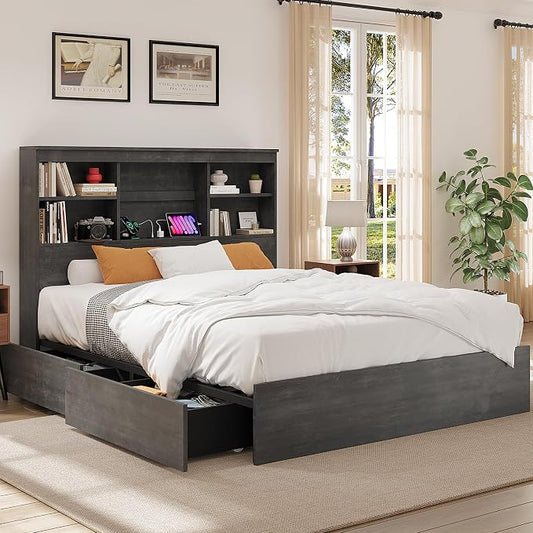 GarveeHome King Size Bed Frame with High Storage Bookcase Headboard, Wood Bed Frame with 4 Storage Drawers, Built in Charging Station, No Box Spring Needed, Metal Frame, Noise-Free, Ink