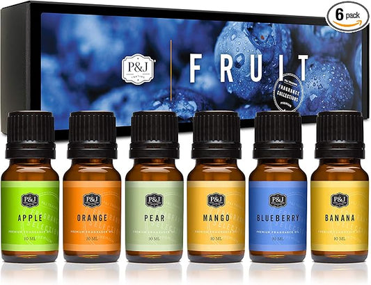 P&J Trading Fragrance Oil Fruit Set | Orange, Mango, Apple, Blueberry, Banana, and Pear Candle Scents for Candle Making, Freshie Scents, Soap Making Supplies, Diffuser Oil Scents