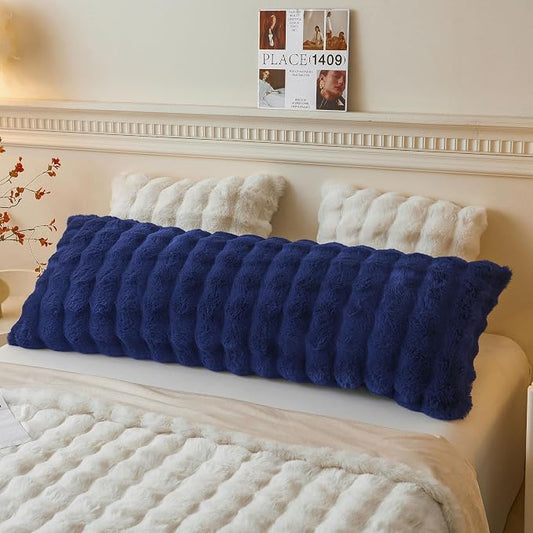 LIFEREVO Fluffy Faux Rabbit Fur Body Pillow Cover, Luxury Bubble Waffle Shaggy Plush Bed Pillowcase with Zipper Closure, Royal Long 20"x54" Fuzzy Furry Pillow Case for Adults Kids Girls, Navy Blue