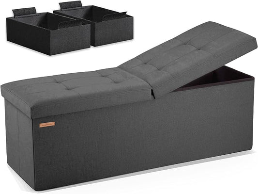 HAUSFRAU Storage Ottoman Bench with Flipping Lid, 43.3 Inches Storage Chest Footsrest, Folding Foot Stool for Entryway, Living Room, Bedroom, Linen Grey