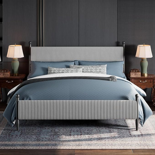 Garvee King Size Upholstered Bed Frame - with Velvet Headboard, Soft Corduroy Fabric Platform with Wooden Slats Support & Heavy Duty Feet, No Box Spring Needed, Noise Free, Easy Assembly, Grey