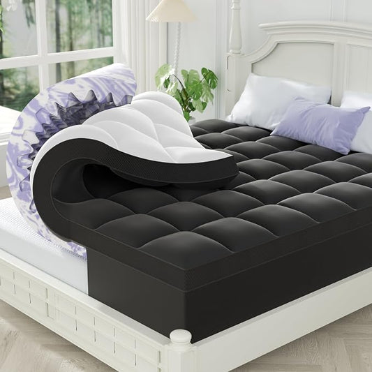ChiXpace Dual Layer 5 Inch Memory Foam Mattress Topper Queen - 3 Inch Pillow Top Mattress Pad and 2 Inch Gel Memory Foam, 7-Zone Egg Crate Queen Size Mattress Topper (Black)